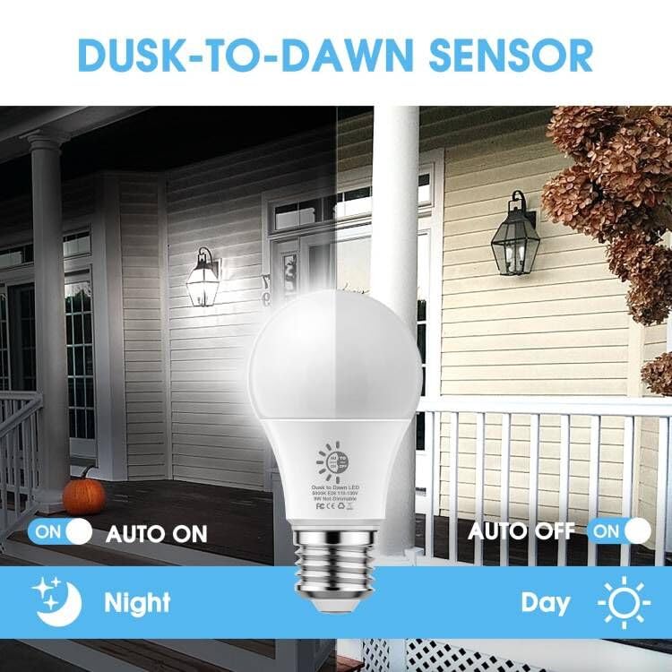 Dusk to Dawn Light Bulbs Outdoor, No Timer Required, 9W (60W Equivalent) 5000K Daylight White, E26 A19 Sensor LED Bulb, Built-in Photocell Detector for Porch Lights Boundary Garage Patio, 2 Pack