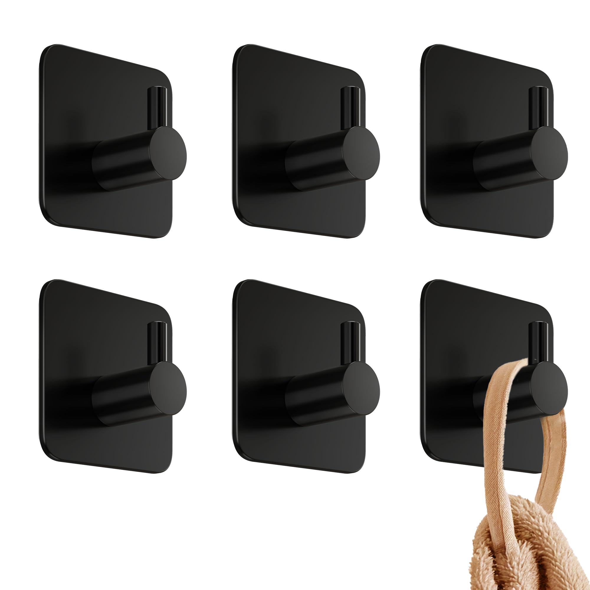 4smile Towel Hooks for bathrooms, Set of 6 - Black Adhesive Hooks, Durable Adhesive Wall Hooks - Strong Adhesive Towel Hooks, Stick on Hooks