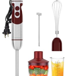 MegaWise 5-in-1 Hand Blender Set with Variable Speed Control, 400W Immersion Blender - Includes Whisk, Milk Frother, Chopper, and Beaker for Smoothies, Soups, and Baby Food (RED)