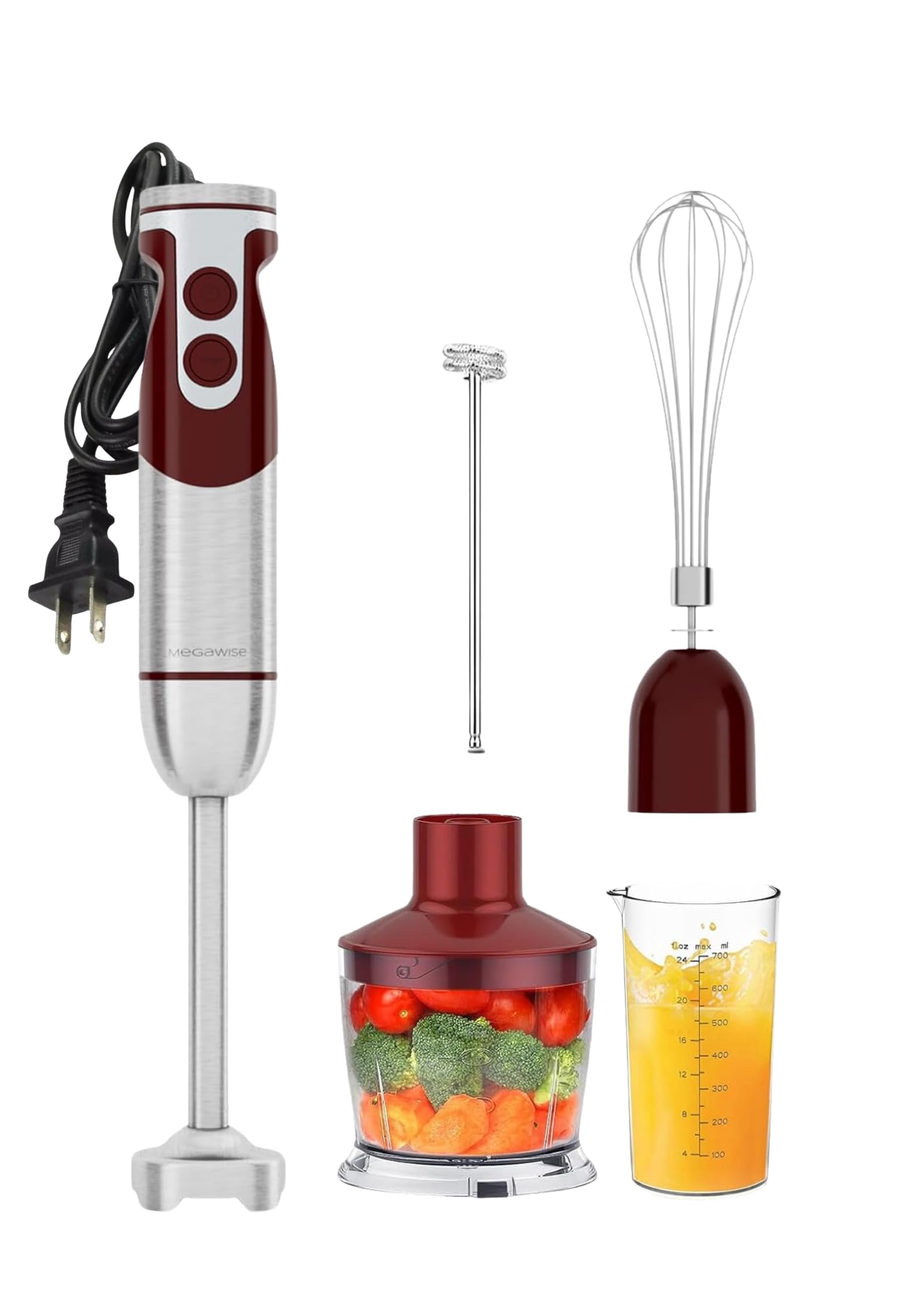 MegaWise 5-in-1 Hand Blender Set with Variable Speed Control, 400W Immersion Blender - Includes Whisk, Milk Frother, Chopper, and Beaker for Smoothies, Soups, and Baby Food (RED)