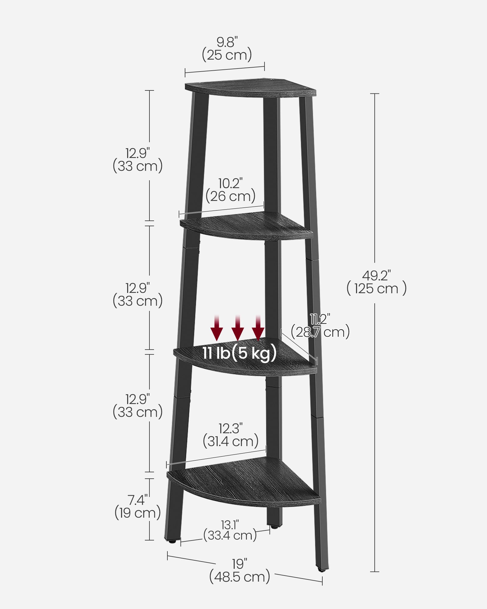 VASAGLE Corner Shelf Stand, 4-Tier Corner Bookshelf, Industrial Corner Ladder Shelf, Plant Stand Display Shelf for Living Room, Office, Kitchen, Charcoal Gray and Matte Black ULLS034B22