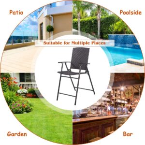 HAPPYGRILL Folding Wicker Rattan Bar Chairs Set of 4, Patio Tall Stool with Back, Steel Frame, Armrests and Footrest Bar Chairs for Garden Patio Furniture Set