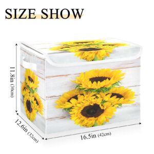 DIGTIA Summer Sunflower Bouquet Storage Bins with Lids Large White Rustic Wood Storage Basket with Handles Foldable Fabric Storage Box Organizer for Clothes Toys Closet Cabinet Home Office Bedroom