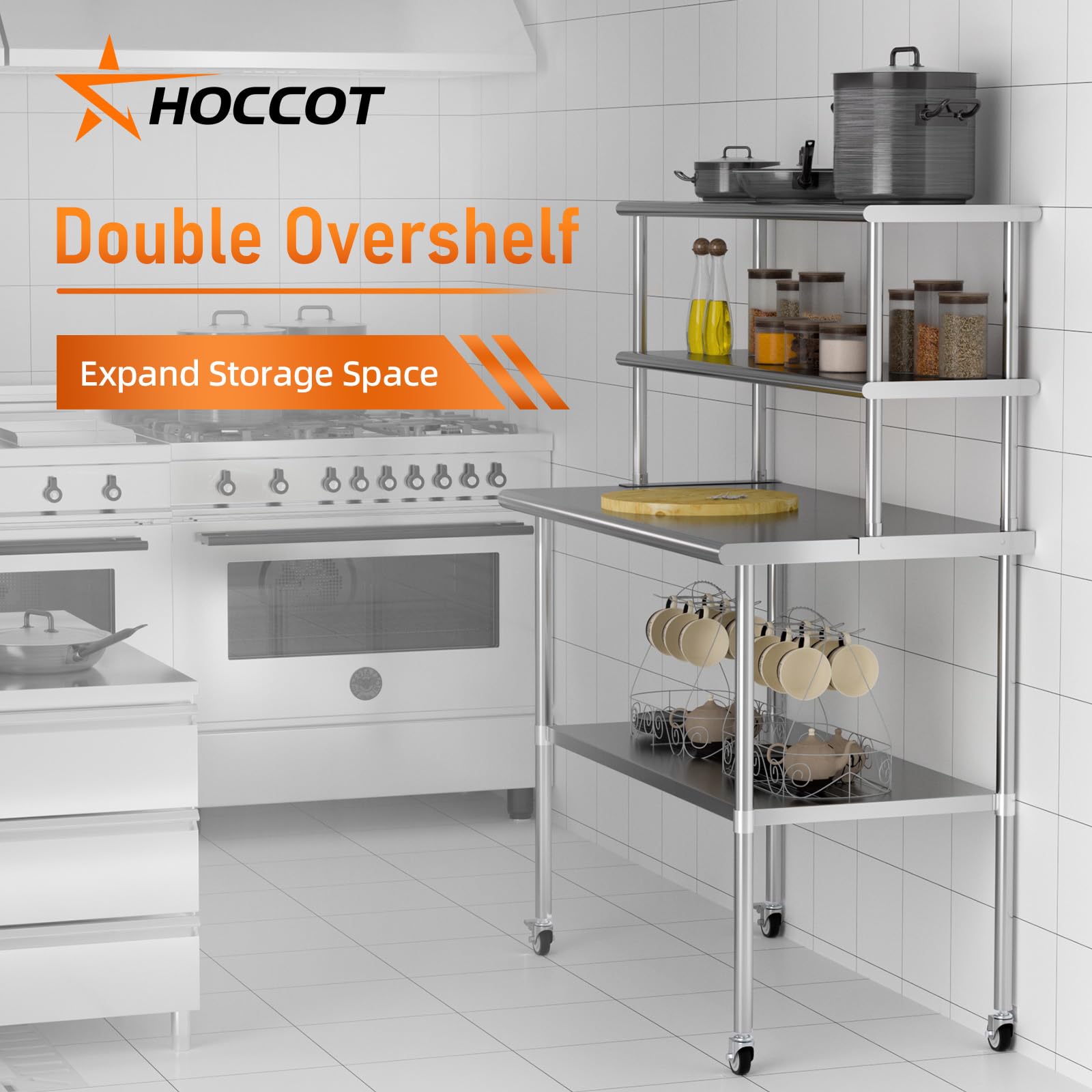 HOCCOT Stainless Steel Double Overshelf 12''x48'' Commercial Double Tier Shelf for Prep & Work Table, Adjustable Height 2 Tier Deck Shelf Load 360lb for Kitchen, Home, Restaurant and Storage Room