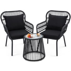 wildformers 3 pieces rattan wicker bistro set, outdoor conversation set, wicker furniture set with glass top table, space saving for balcony, backyard, black