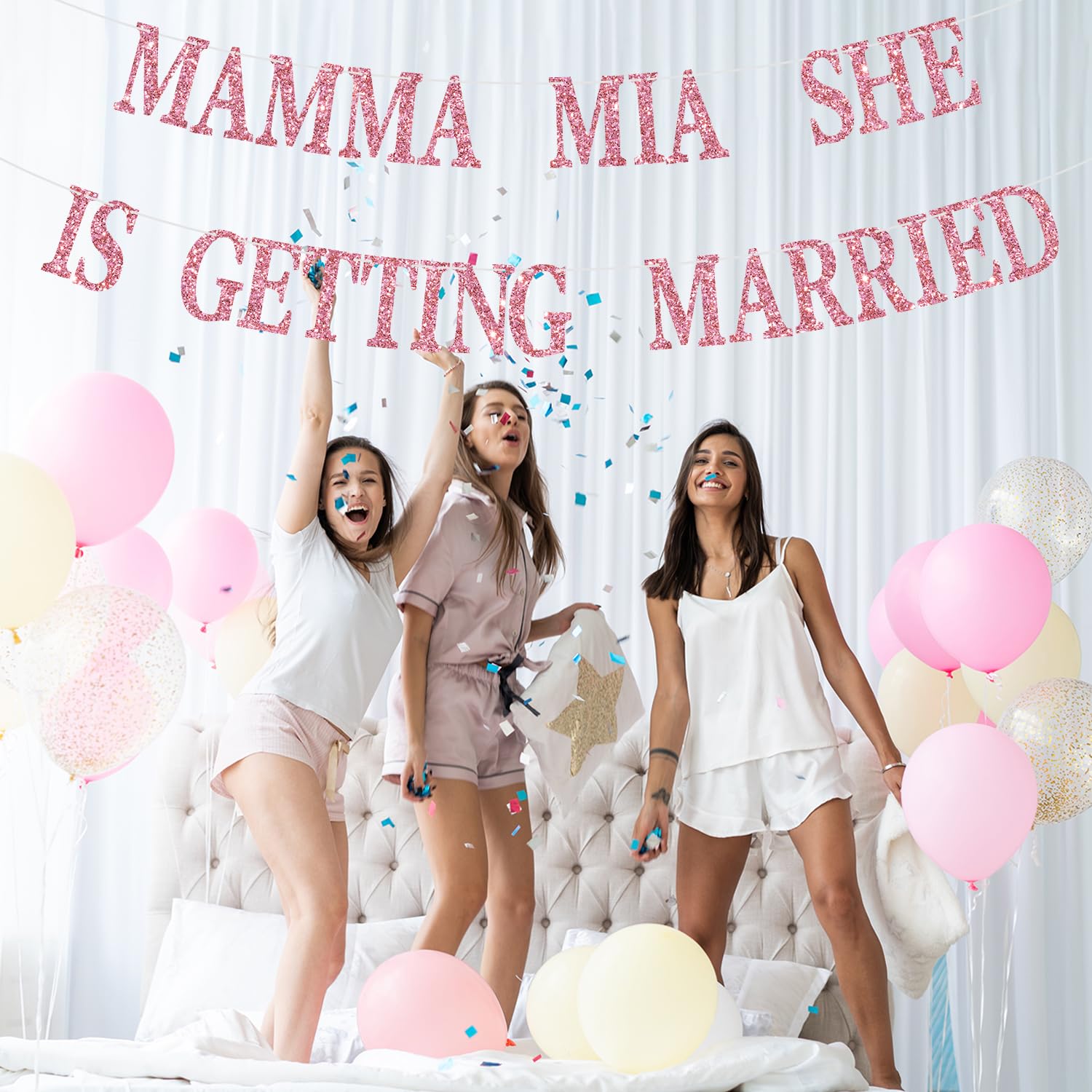 Mamma Mia She is Getting Married Banner, From Miss to Mrs, Bride to Be Hanging Decor, Pink Glitter Engagement Party Decorations