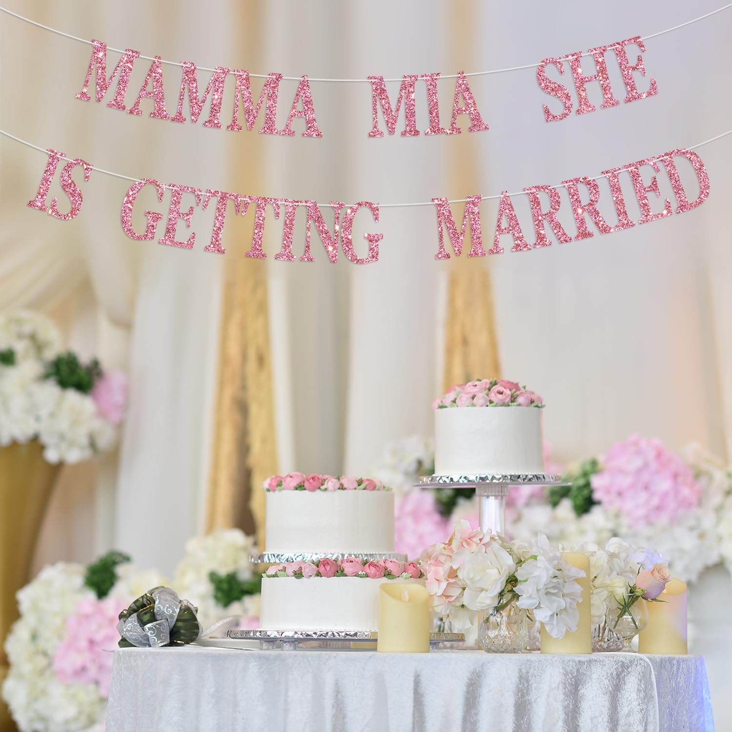 Mamma Mia She is Getting Married Banner, From Miss to Mrs, Bride to Be Hanging Decor, Pink Glitter Engagement Party Decorations