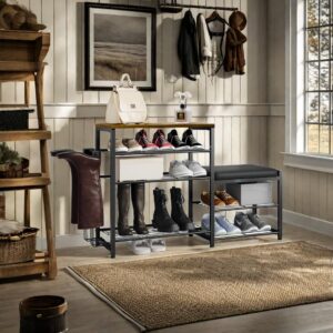 X-cosrack Stylish 5-Tier Shoe Rack Bench with Seat and Boot-Hanging- Entryway Storage Organizer in Industrial Design Brown Black