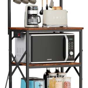 Furologee Kitchen Bakers Rack with Power Outlet, Microwave Oven Stand with Storage 4 Tiers, Coffee Bar Table with 6 S Hooks, Kitchen Storage Shelf Rack for Spices, Pots, Rustic Brown