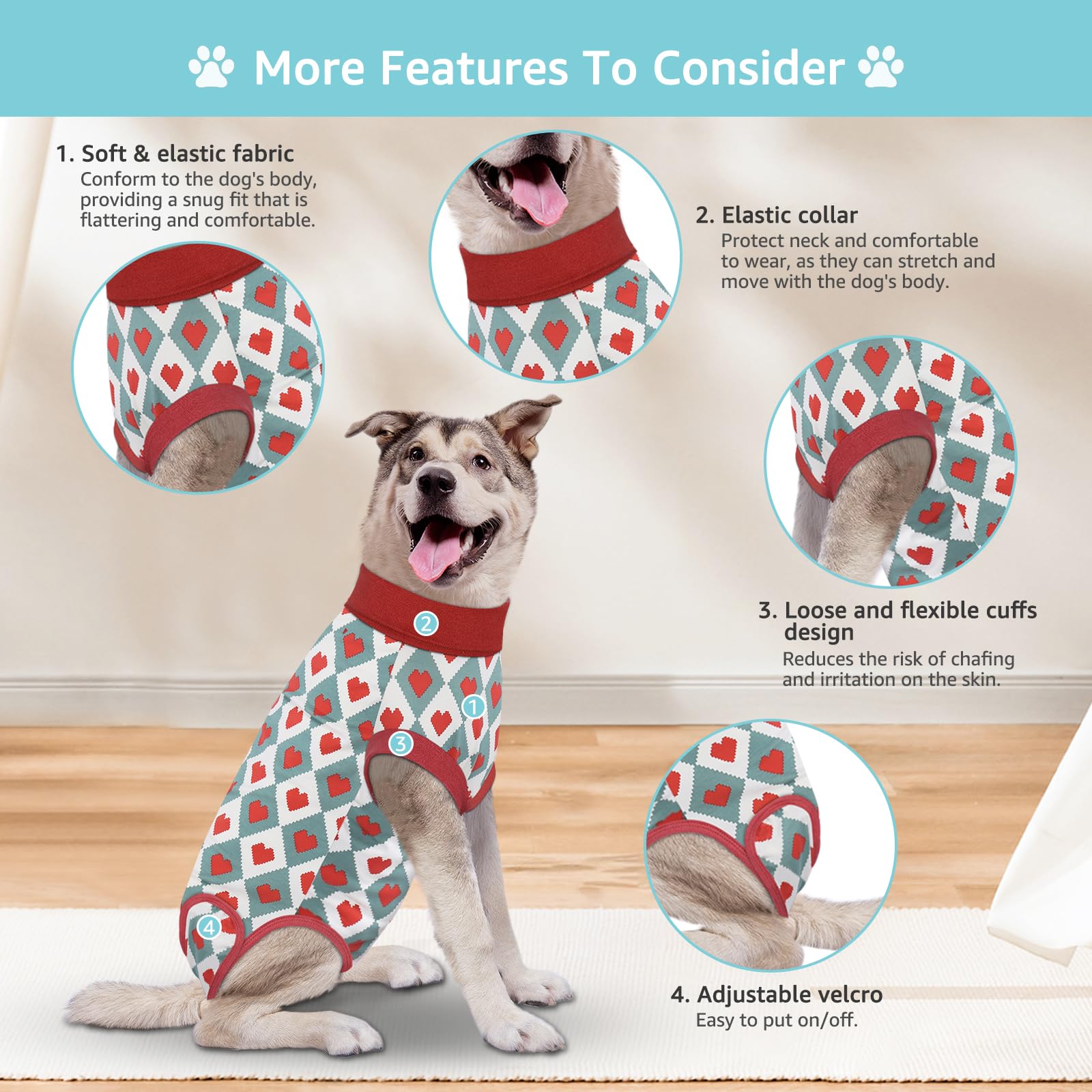 Comwish Recovery Suit for Dogs, Dog Recovery Suit Male Female Post Spay, Neuter, Abdominal Surgery Recovery Suit with an Inner Layer Pocket, Prevent Licking Soft Breathable Cotton, Red, XL