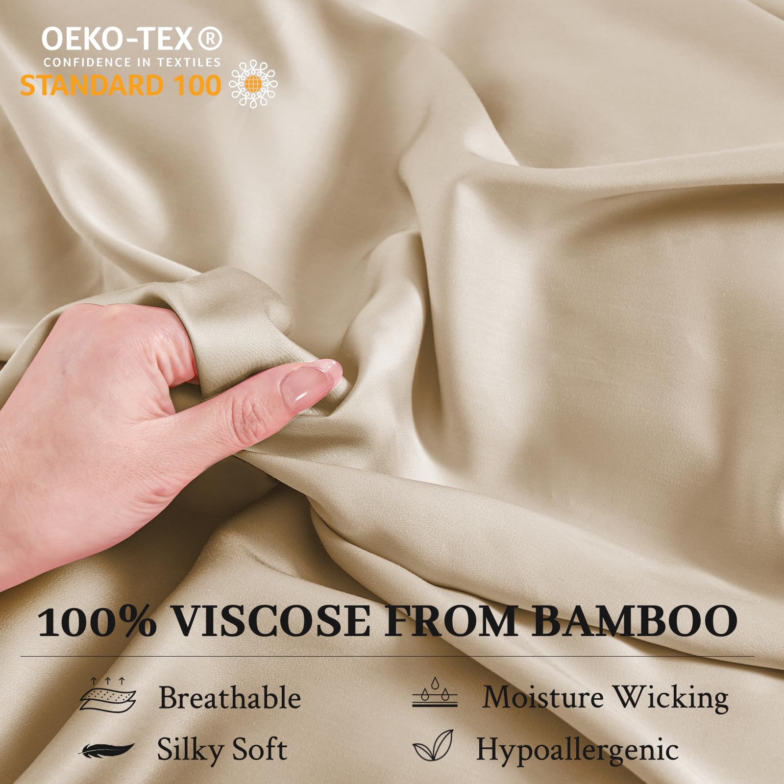 YIYEA Duvet Cover Queen Size - 100% Organic Viscose Derived from Bamboo - Luxury 600 Thread Count Cooling Comforter Cover Set for Hot Sleepers, Silky Soft and Breathable - Beige