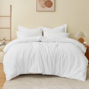 ebeddy linens duvet cover set super king 108x98 inch 100% microfiber soft and breathable 3 pieces premium comforter cover zipper closure & corner ties, white solid