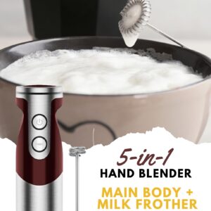 MegaWise 5-in-1 Hand Blender Set with Variable Speed Control, 400W Immersion Blender - Includes Whisk, Milk Frother, Chopper, and Beaker for Smoothies, Soups, and Baby Food (RED)