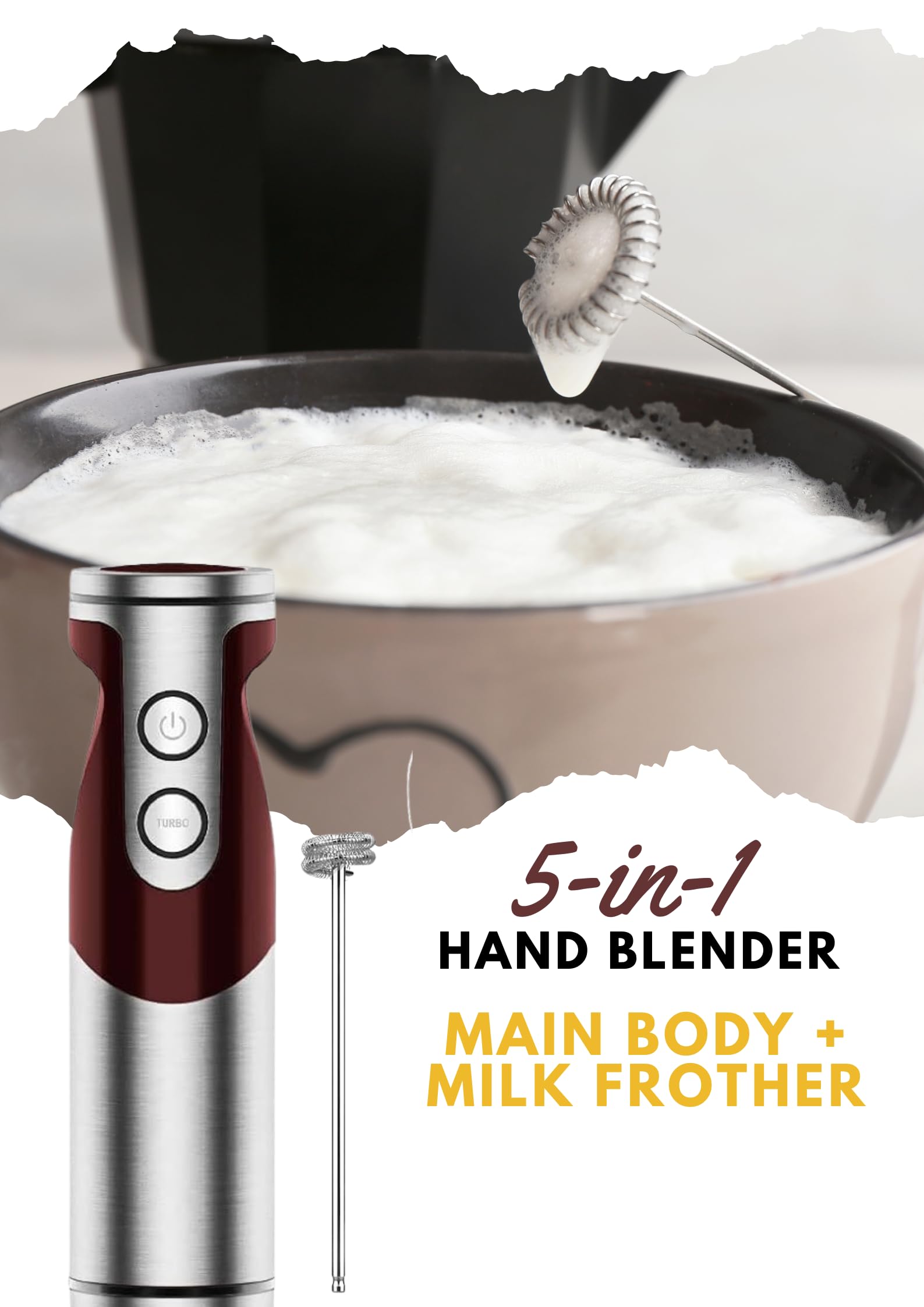 MegaWise 5-in-1 Hand Blender Set with Variable Speed Control, 400W Immersion Blender - Includes Whisk, Milk Frother, Chopper, and Beaker for Smoothies, Soups, and Baby Food (RED)