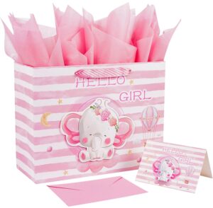 jwscysy 12.6" large baby girl gift bag with tissue paper and greeting card for baby shower, birthday, new parents, and more (3d pink elephant design)