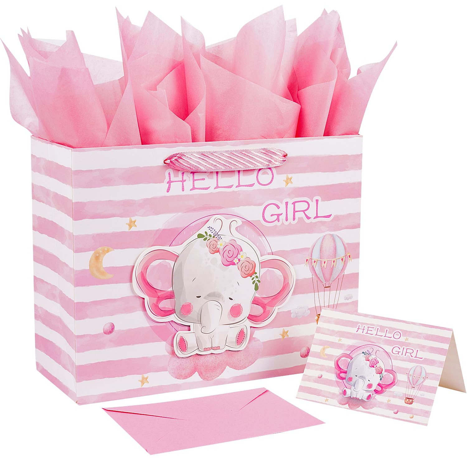 JWSCYSY 12.6" Large Baby Girl Gift Bag with Tissue Paper and Greeting Card for Baby Shower, Birthday, New Parents, and More (3D Pink Elephant Design)