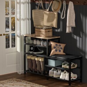 X-cosrack Stylish 5-Tier Shoe Rack Bench with Seat and Boot-Hanging- Entryway Storage Organizer in Industrial Design Brown Black