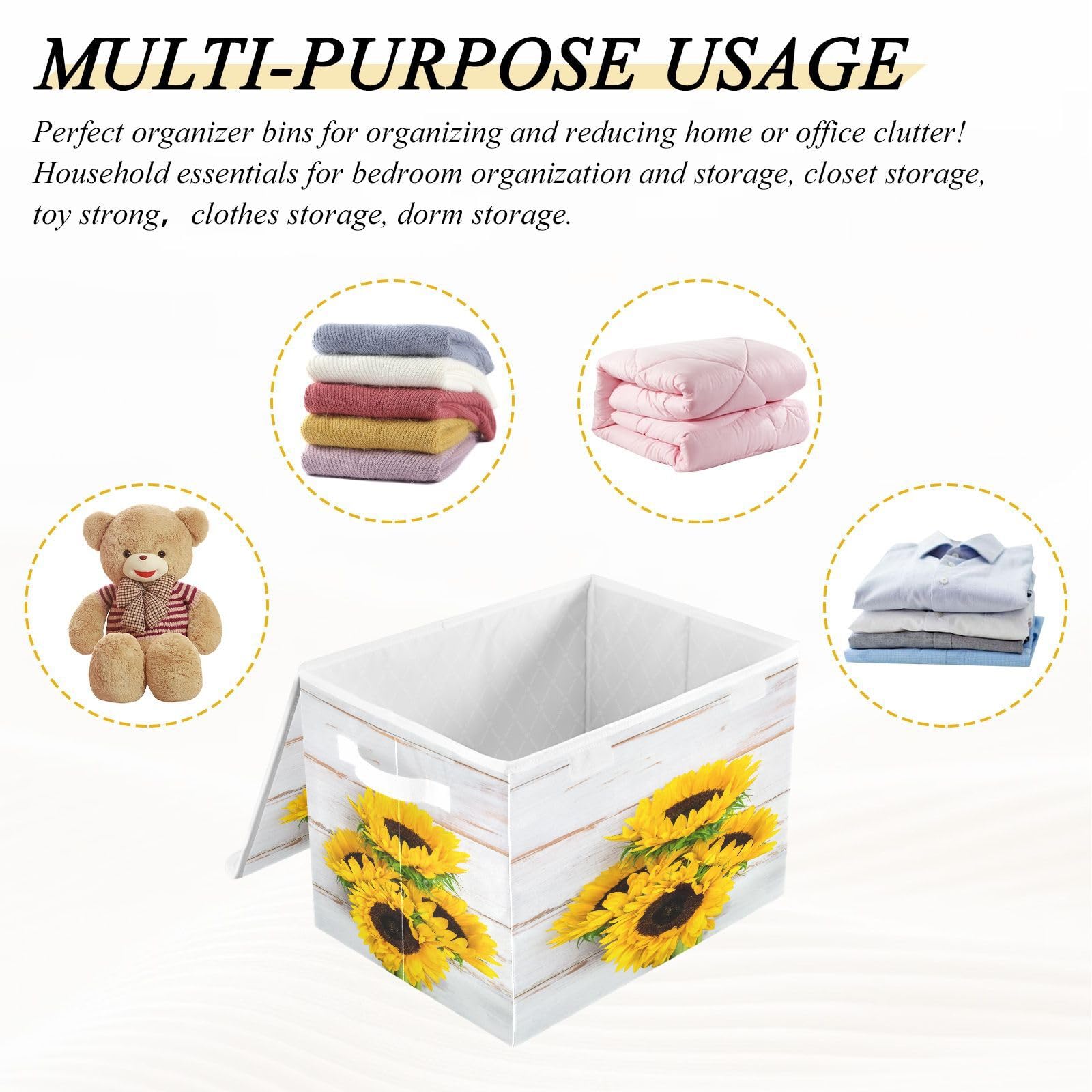 DIGTIA Summer Sunflower Bouquet Storage Bins with Lids Large White Rustic Wood Storage Basket with Handles Foldable Fabric Storage Box Organizer for Clothes Toys Closet Cabinet Home Office Bedroom