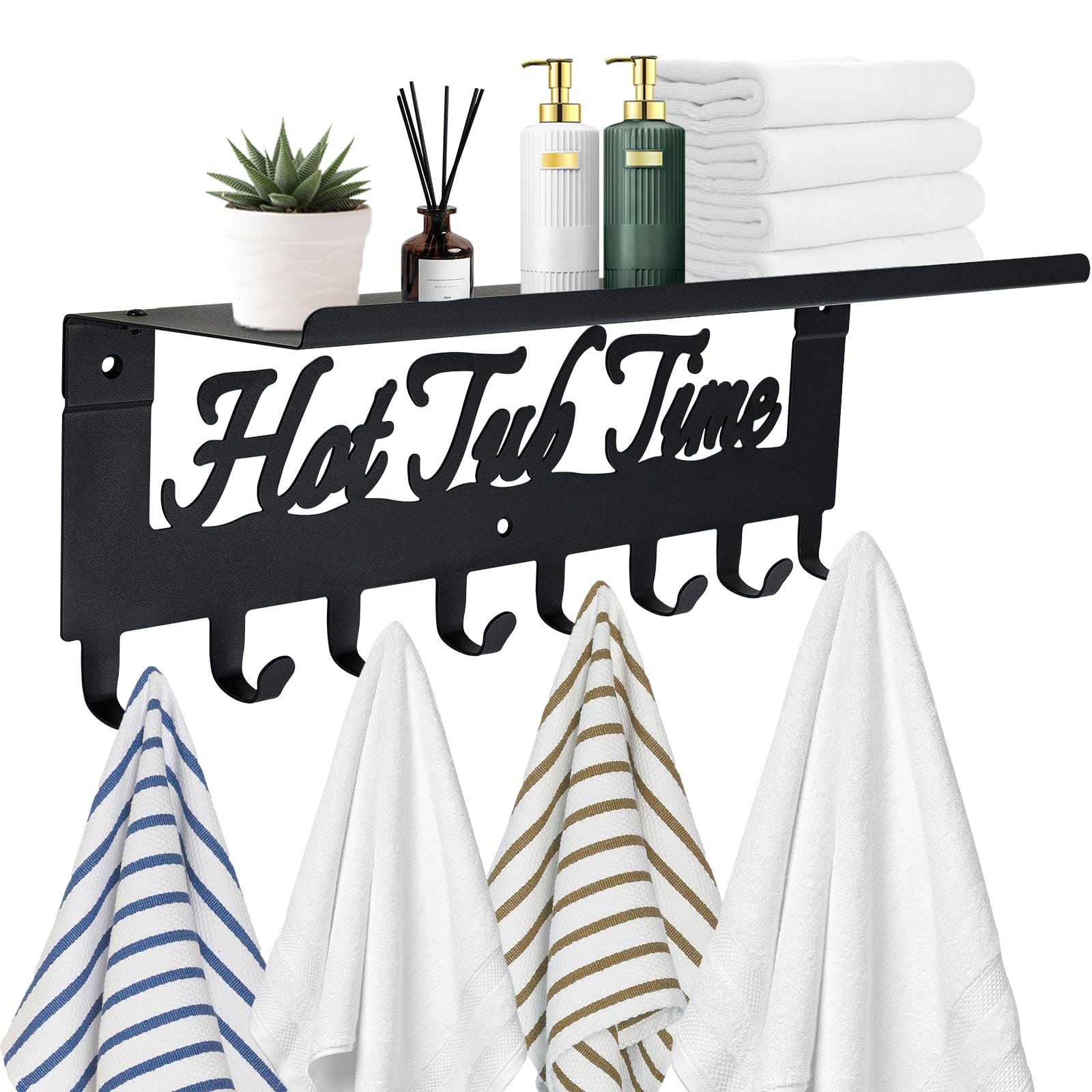 Towel Rack for Hot Tub with Shelf Bathroom Towel Holder 8 Hooks Towel Hanger Wall Mounted for Robes, Clothes, Towels - Hot Tub Accessories Outdoor