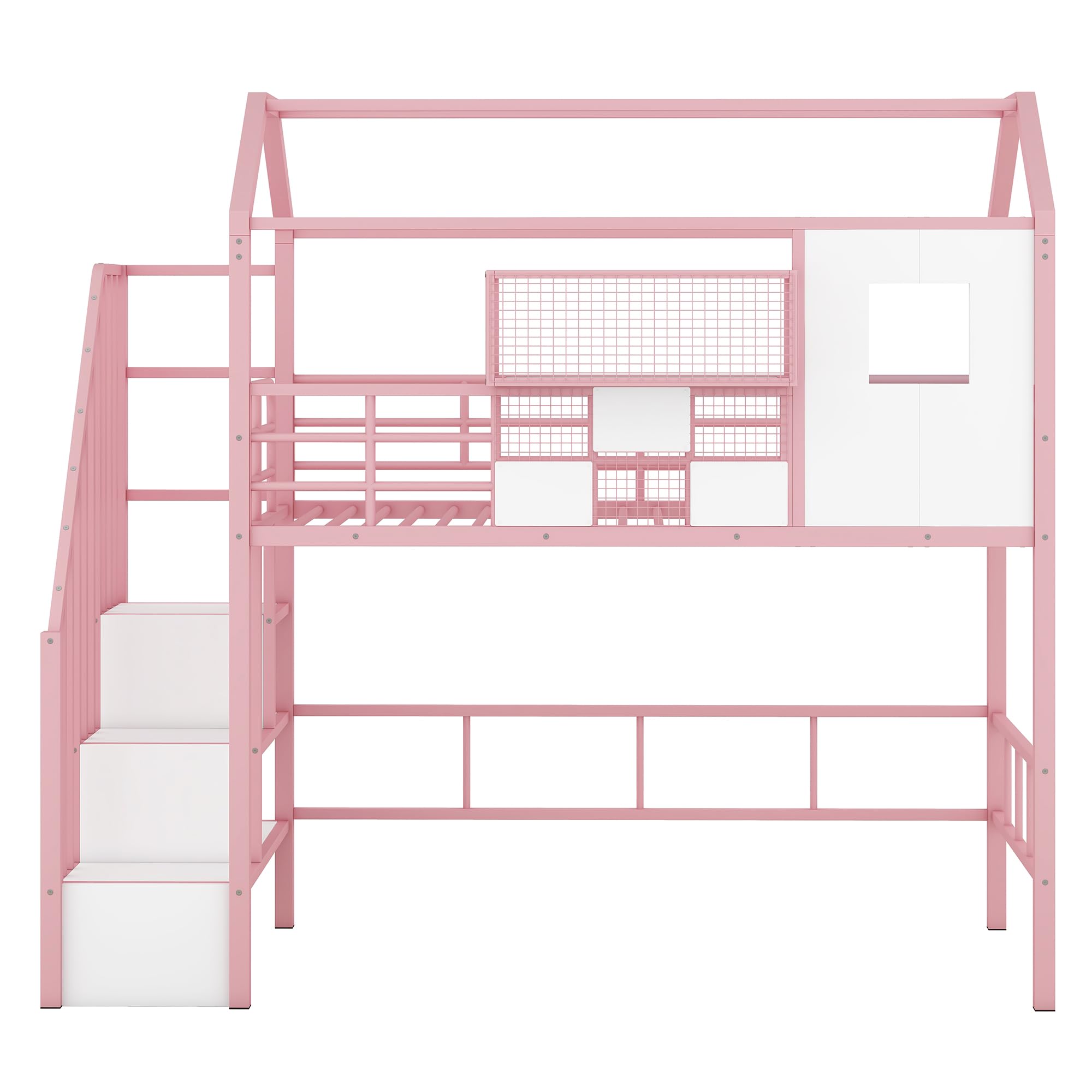 Favfurish Twin Size Metal Loft Bed with roof Design and a Storage Box,House Shaped Stairway Metal Bedframe w/Guardrail & Roof Design, for Kids Boys Girls Bedroom, Pink