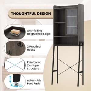 Giantex Over The Toilet Storage Cabinet, Industrial Bathroom Organizer w/Trapezoid Metal Frame, Adjustable Shelves & 2 Hooks, Freestanding Space-Saving Storage Rack for Laundry Room (Sliding Door)