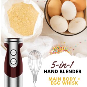 MegaWise 5-in-1 Hand Blender Set with Variable Speed Control, 400W Immersion Blender - Includes Whisk, Milk Frother, Chopper, and Beaker for Smoothies, Soups, and Baby Food (RED)