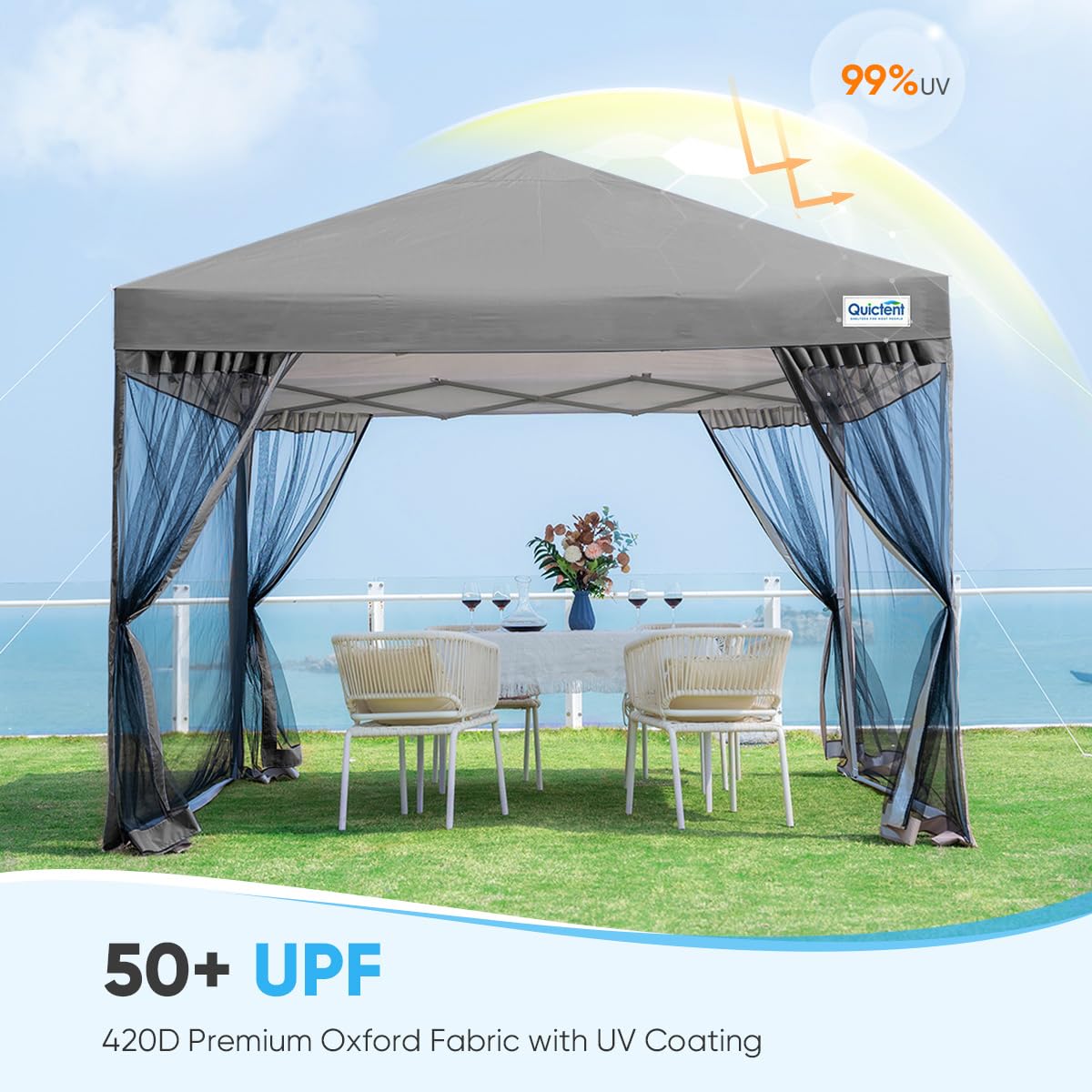 Quictent 10'x10’ Pop up Screened Canopy Tent with Mosquito Netting, Portable Easy up Outdoor Screen House Shelter for Patio, Camping and Picnic, Includes Wheeled Carry Bag (Grey)