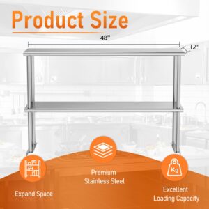 HOCCOT Stainless Steel Double Overshelf 12''x48'' Commercial Double Tier Shelf for Prep & Work Table, Adjustable Height 2 Tier Deck Shelf Load 360lb for Kitchen, Home, Restaurant and Storage Room