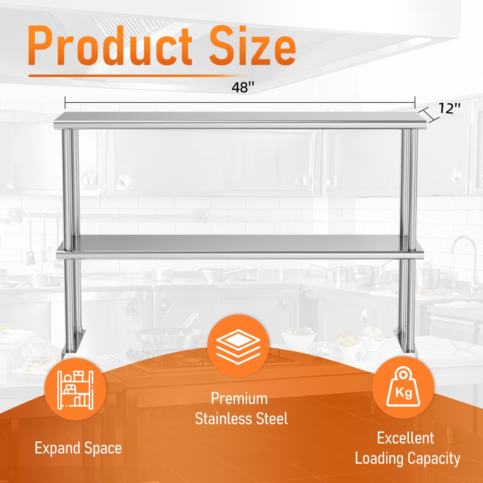 HOCCOT Stainless Steel Double Overshelf 12''x48'' Commercial Double Tier Shelf for Prep & Work Table, Adjustable Height 2 Tier Deck Shelf Load 360lb for Kitchen, Home, Restaurant and Storage Room