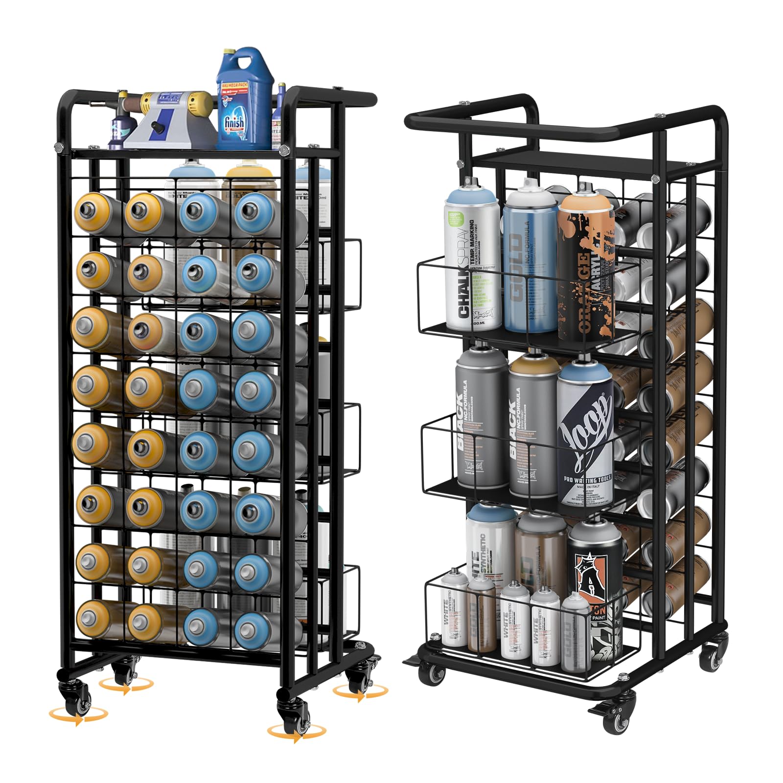 Nisorpa Spray Paint Can Holder 32 Slots Aerosol Can Storage Rack 8-Tier Metal Lube Can Holder Movable Spray Can Organizer Cart with 3 Baskets for Garage Craft Workroom Shop-1pc,Black