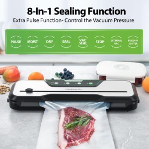 Automatic Food Vacuum Sealer Machine | Beelicious Pro 80KPa 8-In-1 Food Vacuum Saver with Starter Kits | 15 Bags, Pulse Function, Moist&Dry Mode and External VAC for Jars and Containers