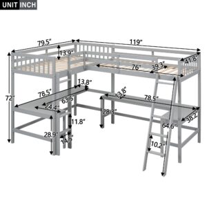 CITYLIGHT L-Shaped Loft Bed with 2 Built-in L-Shaped Desks,Wood Twin Size Loft Bed with Desk Underneath for Kids,Double Loft Beds with Guardrails and Ladders for Boys Girls Teens,Grey