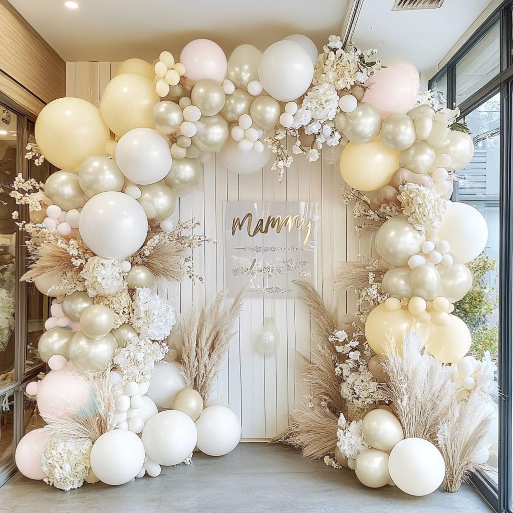 Pearl White Balloon Garland - Double Stuffed Pearl Cream Beige Balloons Pastel Sand White Ivory Matte Balloons Neutral Blush Nude White Arch Kit for Baptism Wedding Baby Shower Birthday Party Decor