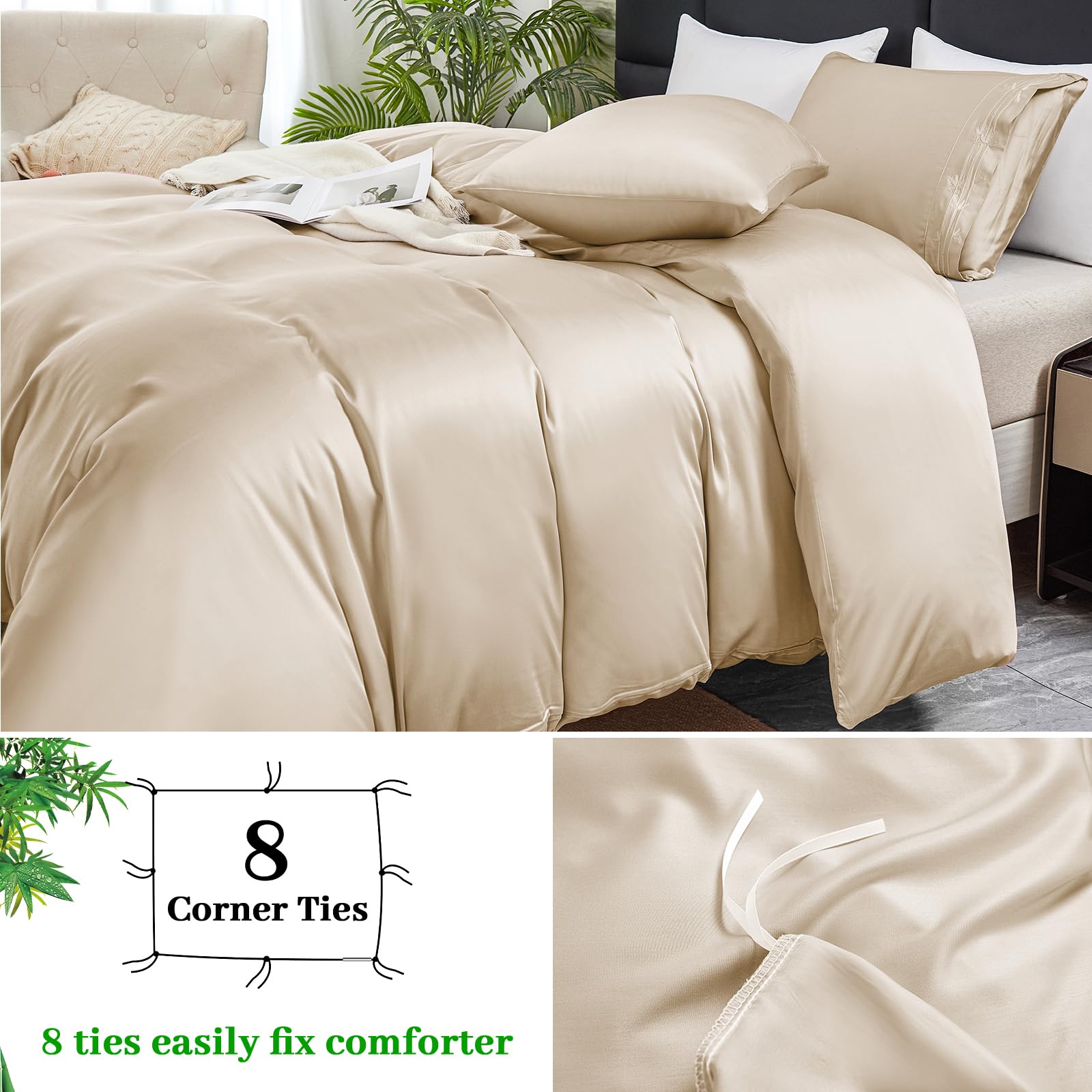 YIYEA Duvet Cover Queen Size - 100% Organic Viscose Derived from Bamboo - Luxury 600 Thread Count Cooling Comforter Cover Set for Hot Sleepers, Silky Soft and Breathable - Beige