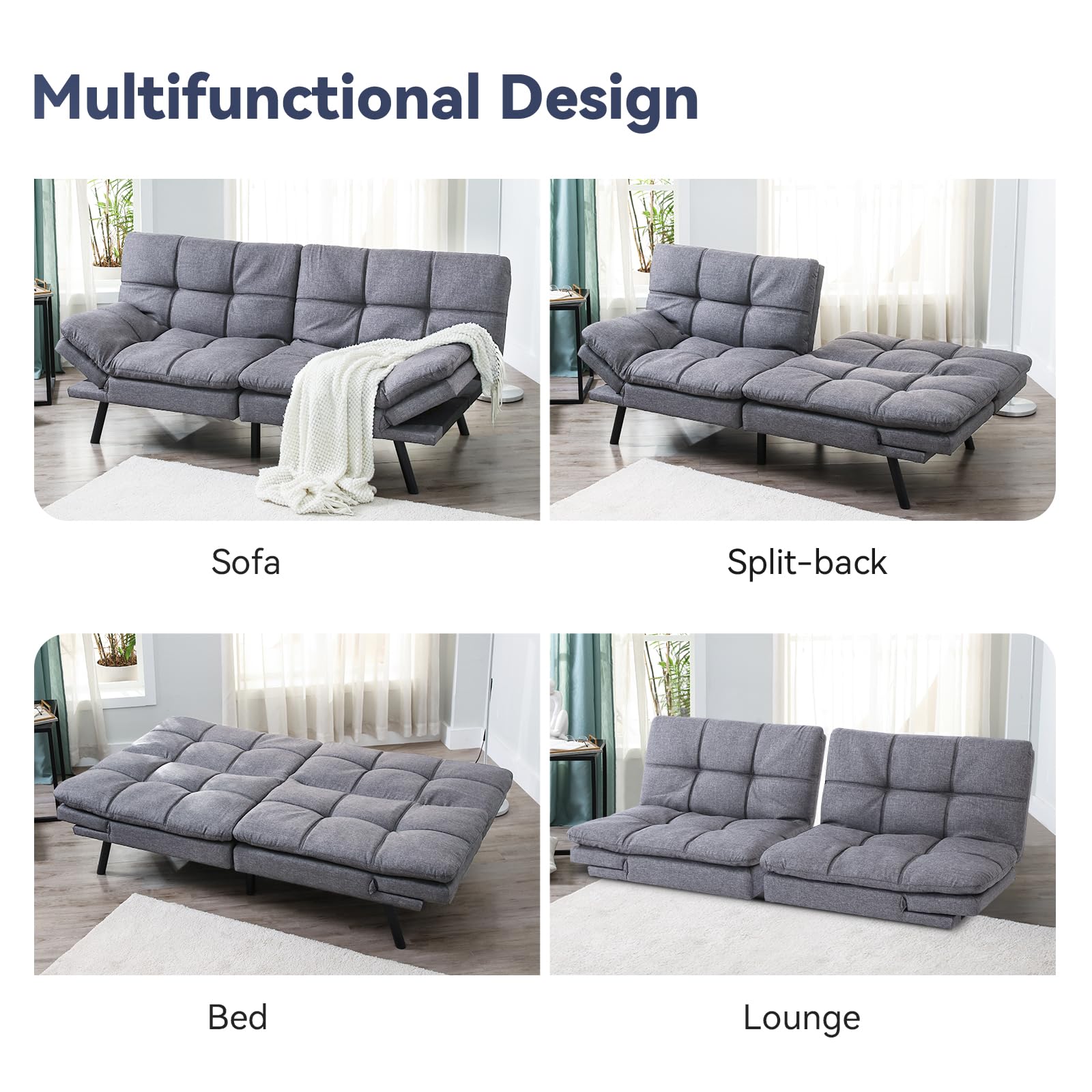 Hcore Convertible, Sleeper Couch,Memory Foam Futon, Loveseat Sofa Bed Sofabed, Dark Grey