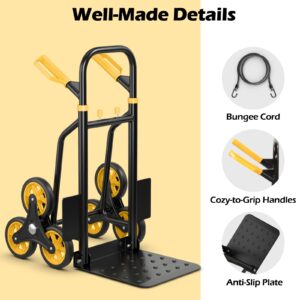 Goplus Stair Climbing Hand Truck, Folding Height Adjustable Dolly with 350 LBS Capacity, Elastic Rope, Telescoping Handle, 6 Rubber Wheels, 12” x 11.5” Nose Plate, 2-in-1 Heavy Duty Hand Cart