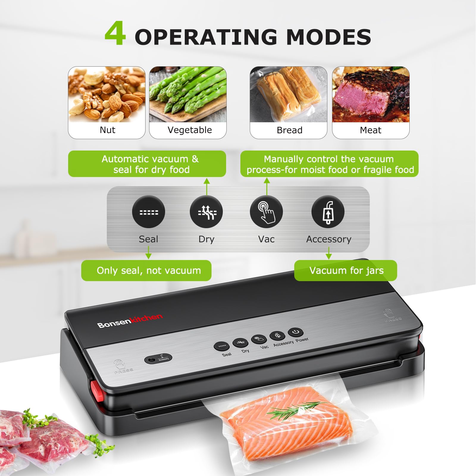 Bonsenkitchen Vacuum Sealer Machine, Multi-Functional Food Sealer, Built-in Cutter & Bag Storage, Globefish Technology for High-Speed Continuous Working, Food Vacuum Sealer with Vacuum Bags & Roll Bag