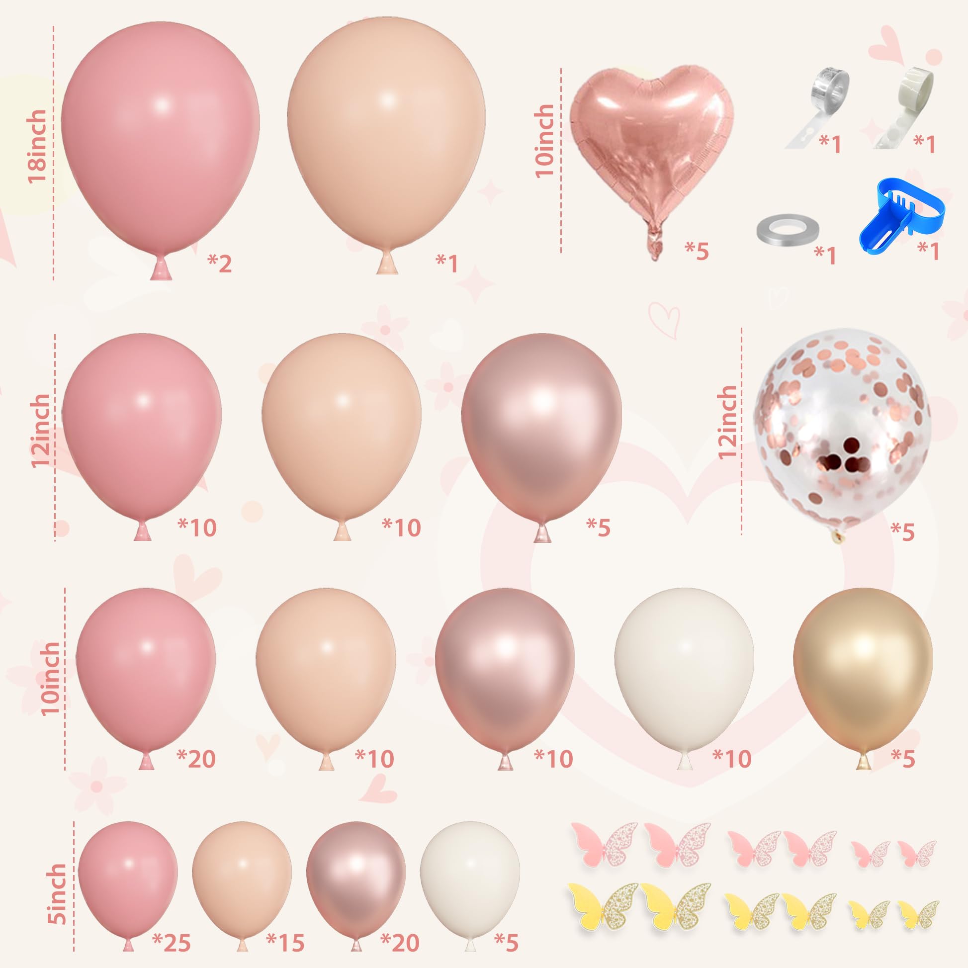 Ouddy Life 174Pcs Boho Blush Pink Balloons Arch Garland Kit, Retro Dusty Pink Balloons Nude Rose Gold Confetti for Girls Baby Shower Mother’s Day Weddings Birthday Bachelorette Party Decorations