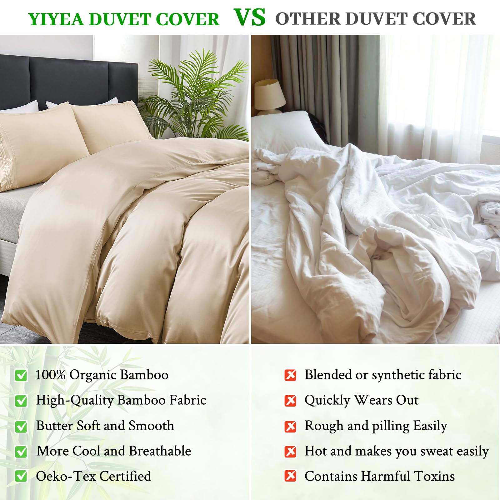 YIYEA Duvet Cover Queen Size - 100% Organic Viscose Derived from Bamboo - Luxury 600 Thread Count Cooling Comforter Cover Set for Hot Sleepers, Silky Soft and Breathable - Beige