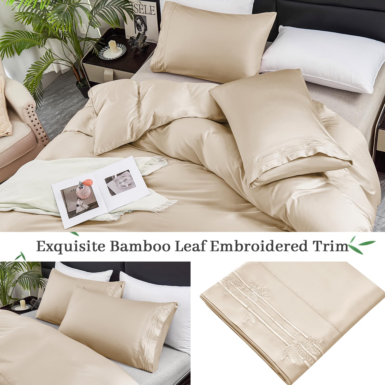 YIYEA Duvet Cover Queen Size - 100% Organic Viscose Derived from Bamboo - Luxury 600 Thread Count Cooling Comforter Cover Set for Hot Sleepers, Silky Soft and Breathable - Beige