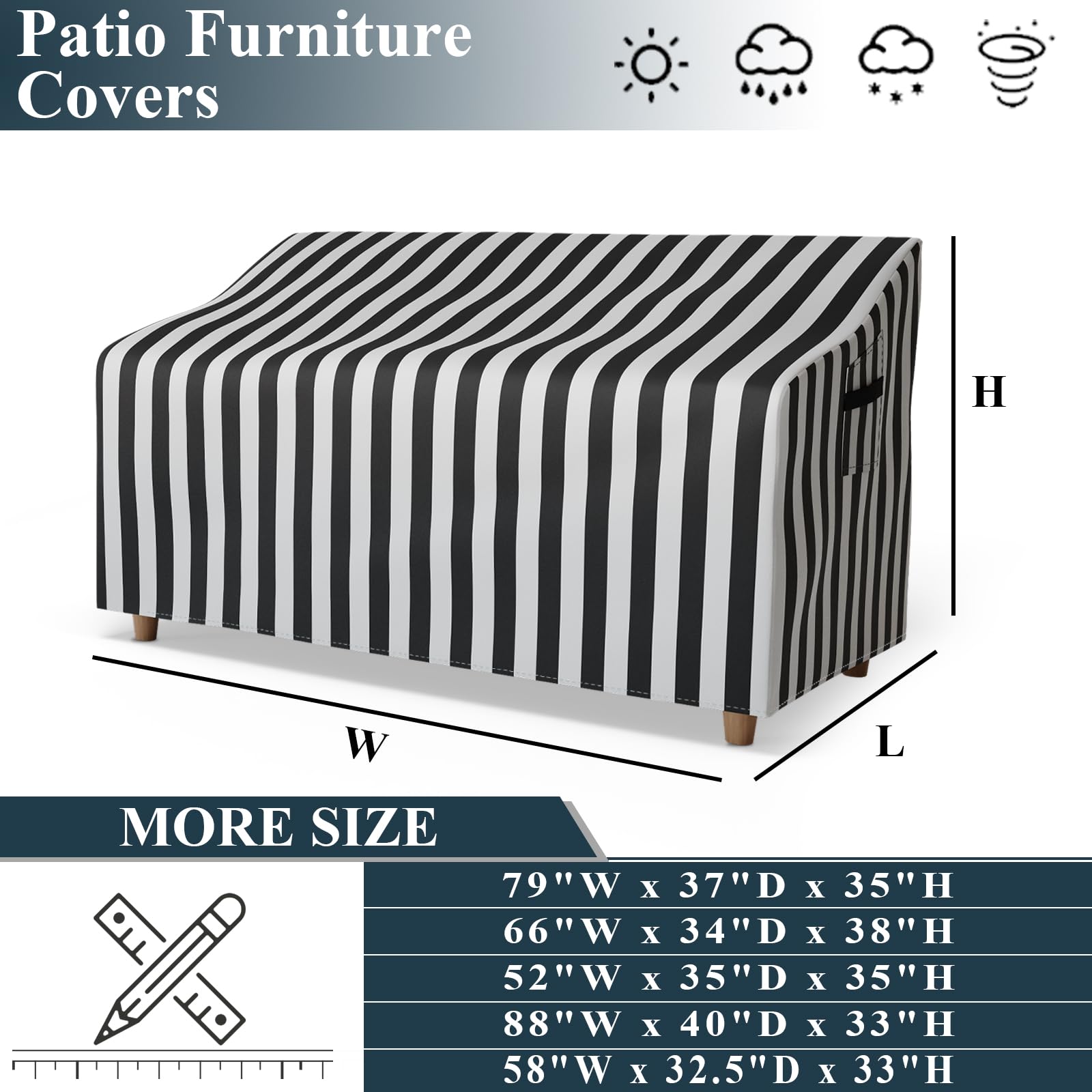 Hptmus Patio Furniture Covers - Patio Sofa Covers Loveseat Outdoor Furniture Cover Waterproof Heavy Duty Outdoor Patio Furniture Covers Patio Couch Cover, 66"W x 34"D x 38"H/Black&White Stripe