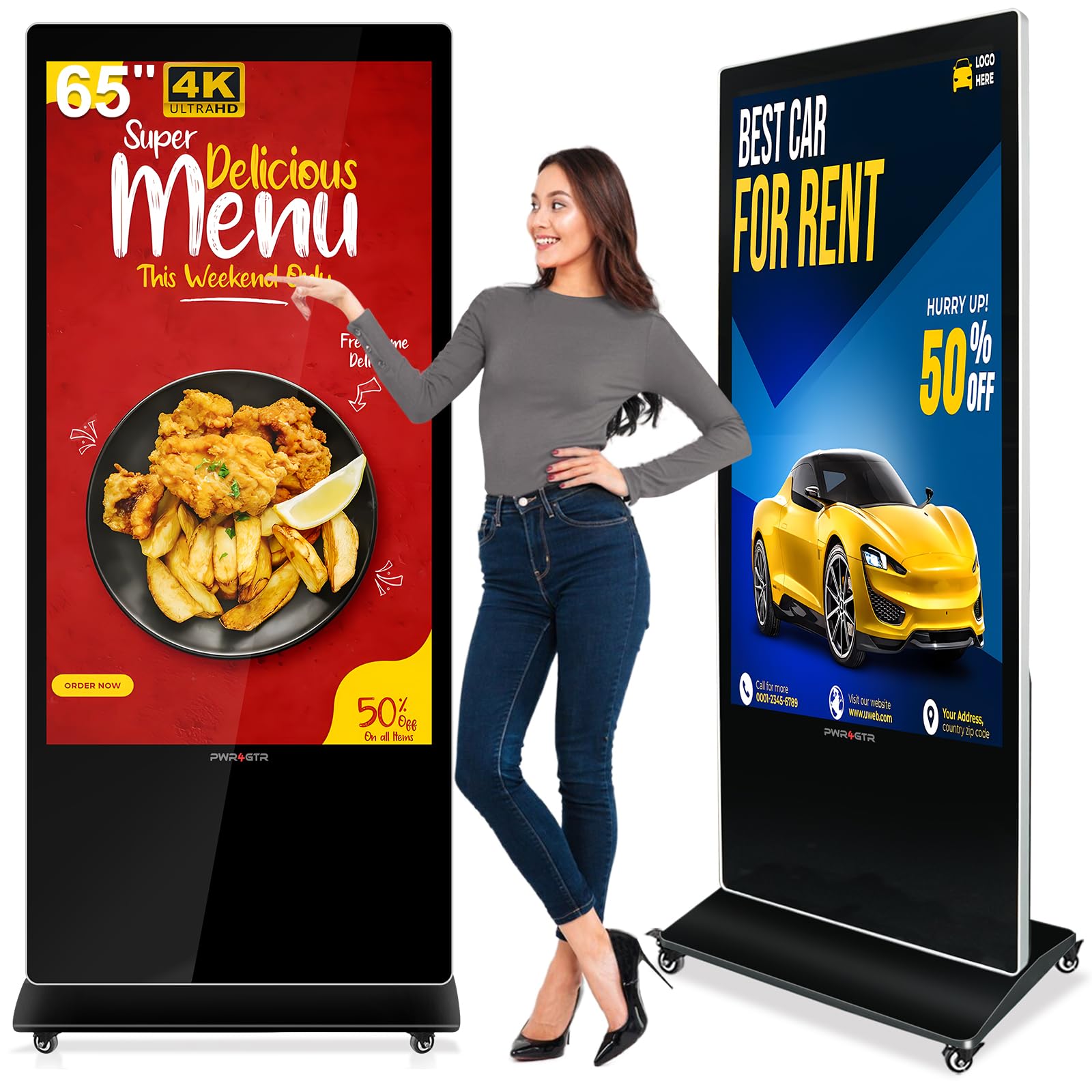 PWR4GTR 65 Inch Digital Signage Display, 4K UHD G+G Capacitive Touch Panel Floor Standing Advertising Screen Commercial LCD Totem Interactive Kiosk with USB/HDMI-in, Android 11 (4+64GB)