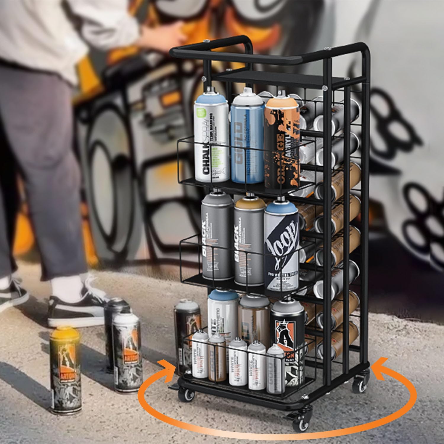 Nisorpa Spray Paint Can Holder 32 Slots Aerosol Can Storage Rack 8-Tier Metal Lube Can Holder Movable Spray Can Organizer Cart with 3 Baskets for Garage Craft Workroom Shop-1pc,Black