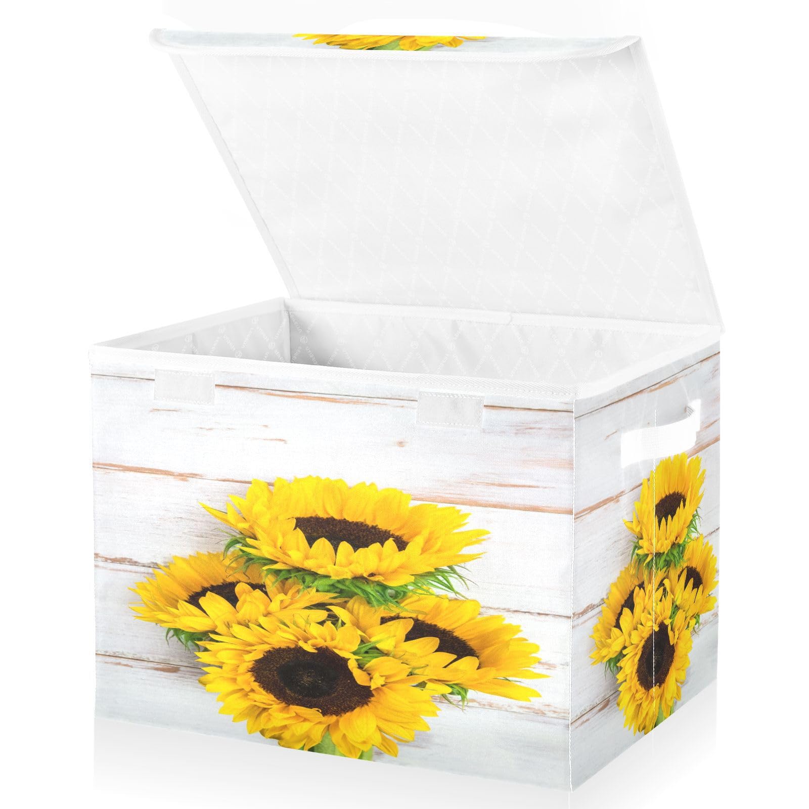 DIGTIA Summer Sunflower Bouquet Storage Bins with Lids Large White Rustic Wood Storage Basket with Handles Foldable Fabric Storage Box Organizer for Clothes Toys Closet Cabinet Home Office Bedroom