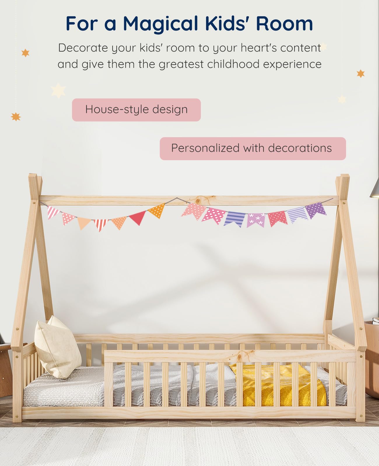 Tatub Twin Montessori Floor Bed Frame with Railings and Roof, Montessori House Bed for Kids, Wood Tent Floor Bed, Montessori Teepee Bed for Girls and Boys, Nature