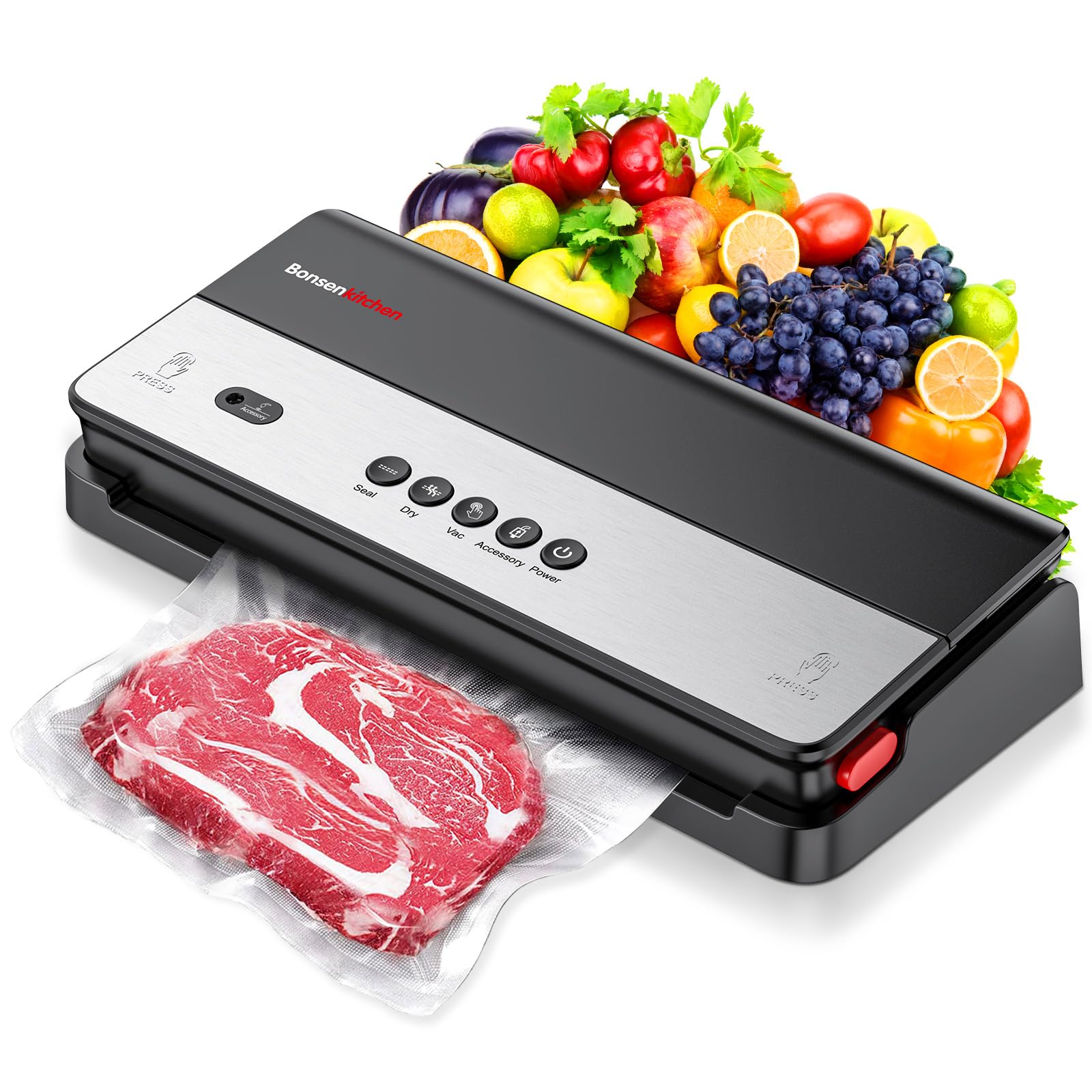 Bonsenkitchen Vacuum Sealer Machine, Multi-Functional Food Sealer, Built-in Cutter & Bag Storage, Globefish Technology for High-Speed Continuous Working, Food Vacuum Sealer with Vacuum Bags & Roll Bag