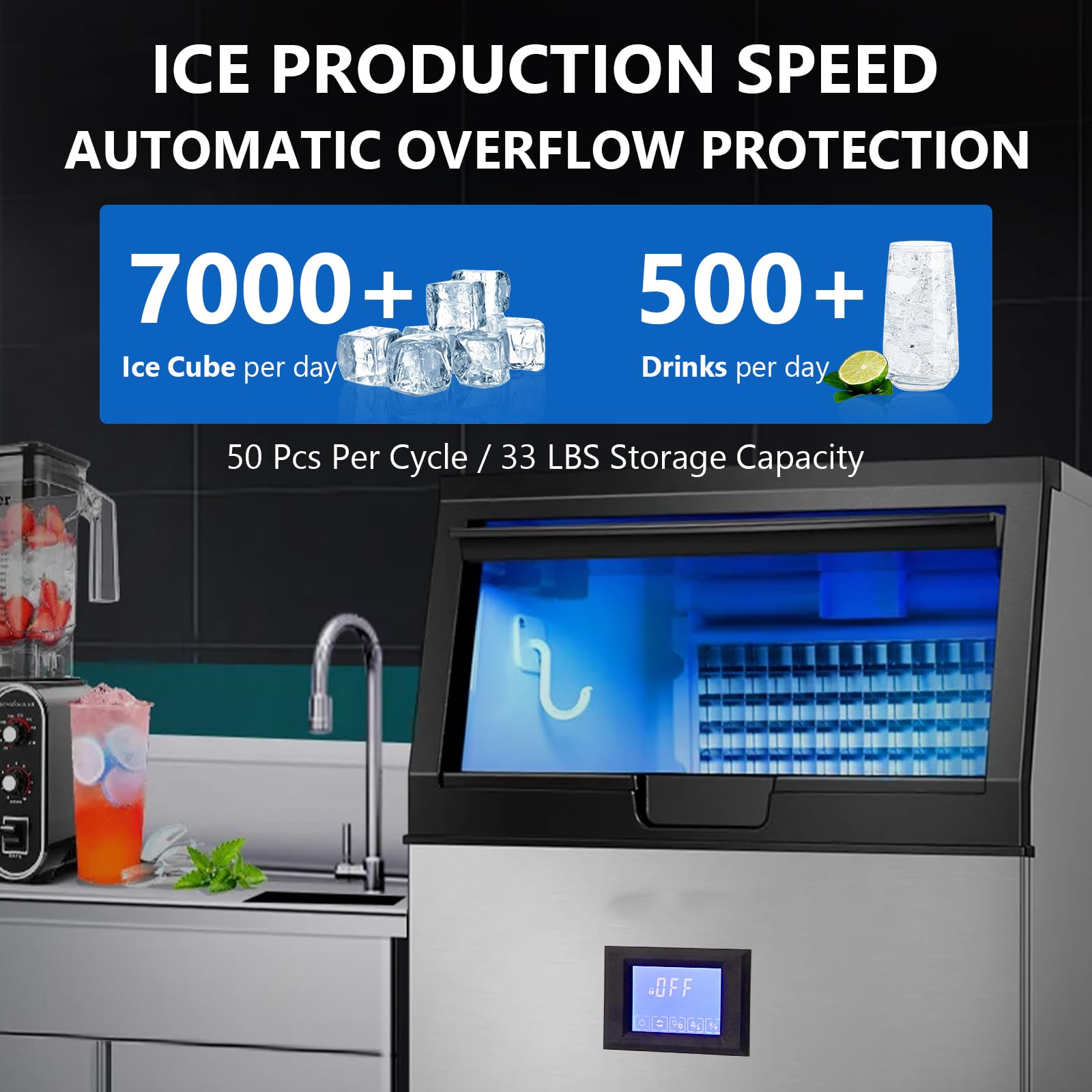 Garvee Commercial Ice Maker Machine, Freestanding Nugget Ice Maker with 2 Water Inlet Modes, 100Lbs/24h, 50Pcs/Cycle, 33lbs Storage Bin, Ice Maker Machine for Home Bar, Coffee Shop, Business