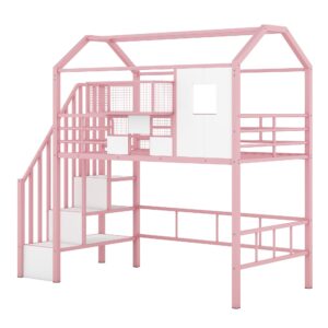 Favfurish Twin Size Metal Loft Bed with roof Design and a Storage Box,House Shaped Stairway Metal Bedframe w/Guardrail & Roof Design, for Kids Boys Girls Bedroom, Pink