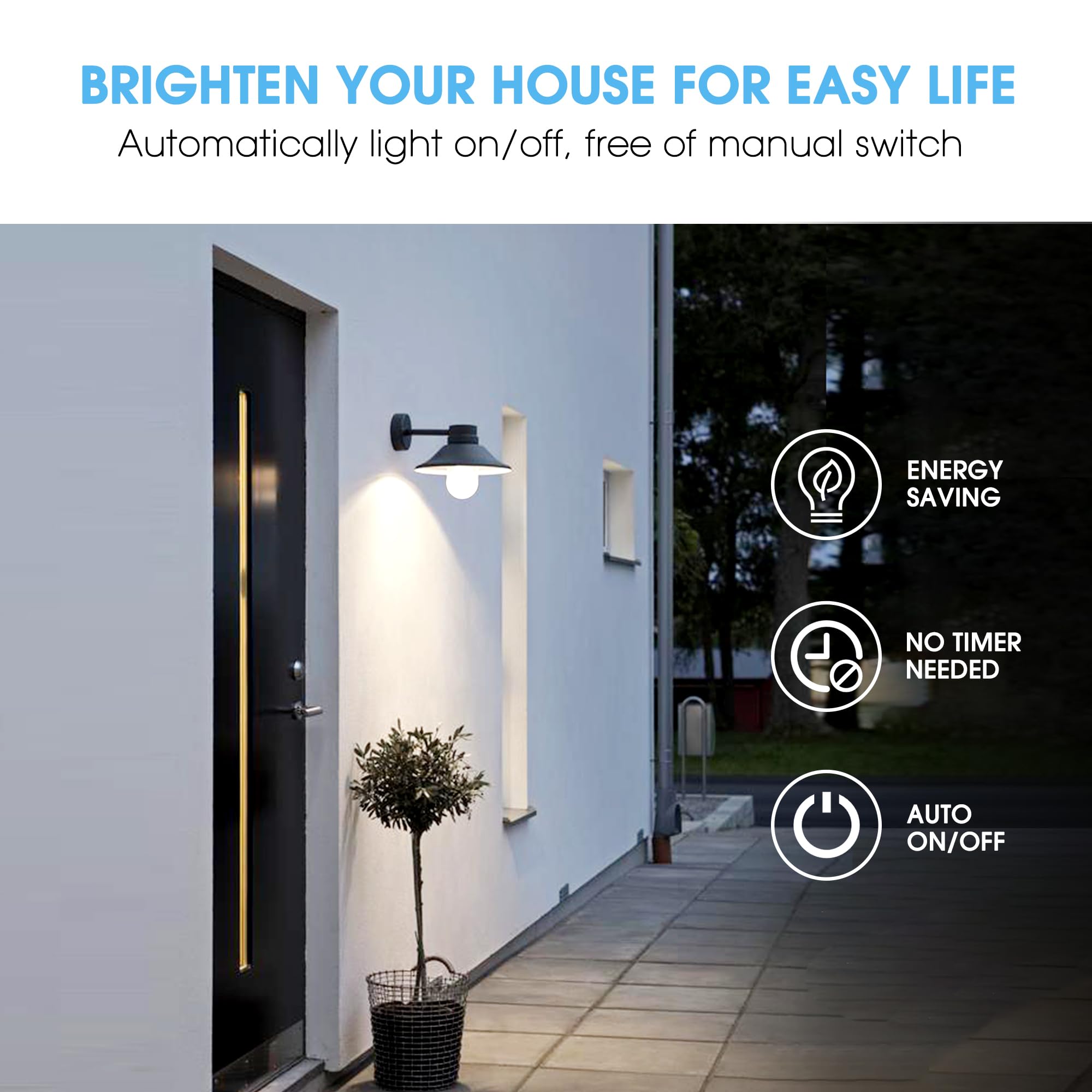 Dusk to Dawn Light Bulbs Outdoor, No Timer Required, 9W (60W Equivalent) 5000K Daylight White, E26 A19 Sensor LED Bulb, Built-in Photocell Detector for Porch Lights Boundary Garage Patio, 2 Pack