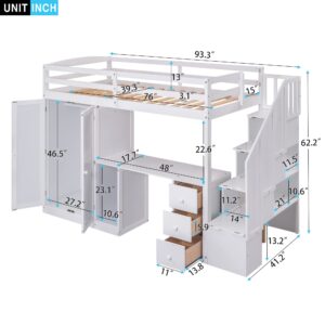 BOVZA Twin Size Loft Bed with Stairs and Wardrobe, Wooden Twin Loft Bed Frame with Desk and Storage Drawers and Cabinet in 1 for Kids Girls Boys Teens, White